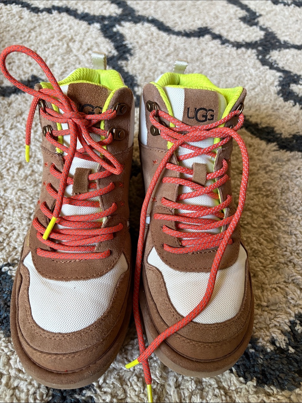UGG Highland Hi Heritage Suede Brown Cream Hiking Sneakers with Neon Accents